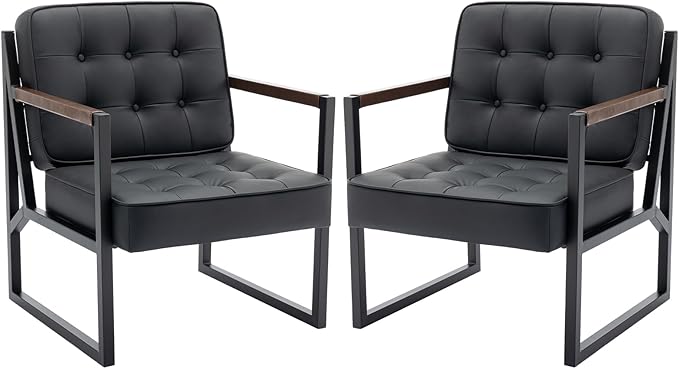 COLAMY Mid Century Modern Accent Chair Set of 2, Comfy Living Room Chair, Black Leather Accent Chair, Faux Leather Reception Armchair with Metal Legs for Living Room Bedroom Reception Office, Black - LeafyLoom