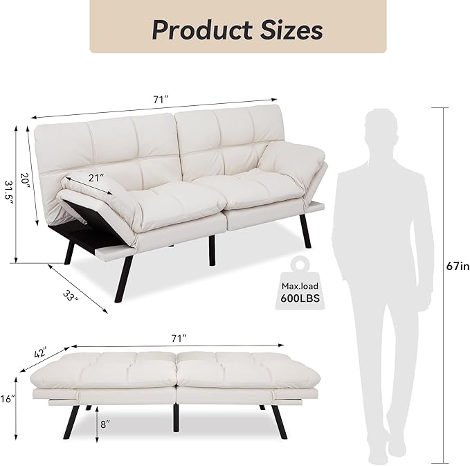Memory Foam Faux Leather Futon Sofa Bed Couch,Convertible Futon Sofa Couch,Loveseat Sleeper Sofa Bed,Small Splitback Modern Sofa Bed for Living Room,Office,Apartment,White - LeafyLoom