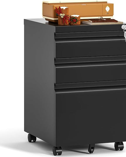 3 Drawer Mobile File Cabinet with Lock, Under Desk Metal Filing Cabinet, Fully Assembled Rolling File Cabinet with Wheels for Home Office Letters/Legal/A4 (Black) - LeafyLoom