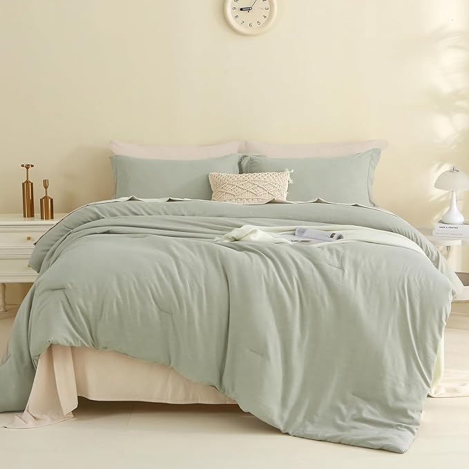 MILDLY King Size Comforter Set 7 Piece Color Clash, Mist Sage Bed in a Bag, All Season Bedding Sets with 1 Comforter, 2 Pillow Shams, 2 Pillowcases, 1 Flat Sheet, 1 Fitted Sheet - LeafyLoom