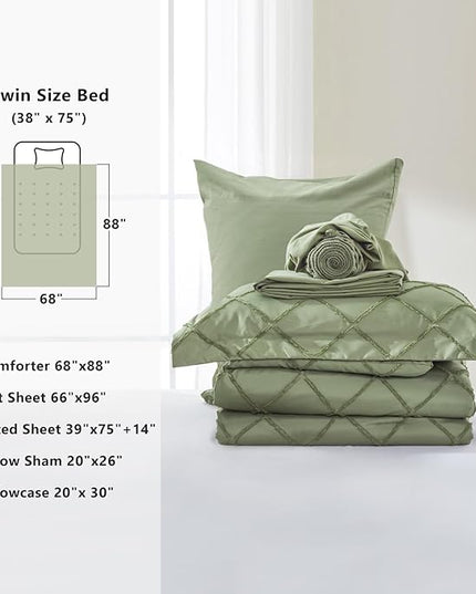 Boho Olive Green Comforter Set with Jacquard Tufted Design,Shabby Chic Bedding Sets for All Seasons,5 Pieces Twin Dorm Bed in a Bag Comforter,Flat Sheet,Fitted Sheet,Pillowcases & Shams - LeafyLoom