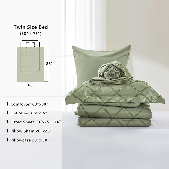 Boho Olive Green Comforter Set with Jacquard Tufted Design,Shabby Chic Bedding Sets for All Seasons,5 Pieces Twin Dorm Bed in a Bag Comforter,Flat Sheet,Fitted Sheet,Pillowcases & Shams - LeafyLoom