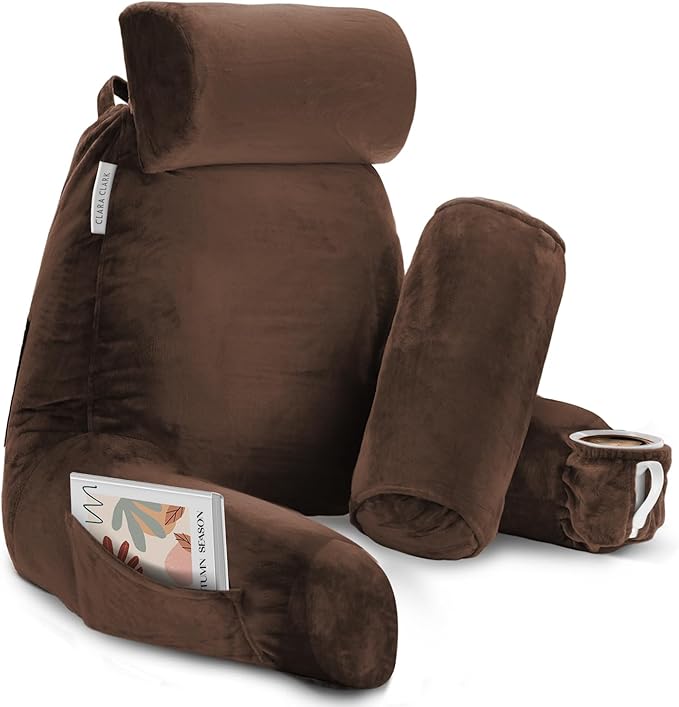 Clara Clark Reading Pillow with Portable Lap Desk for laptop Set, Back Pillow for Sitting Up in Bed, Memory Foam Back Support Pillow, Bed Rest Pillow with Foldable Laptop Desk, Large - Chocolate Brown - LeafyLoom