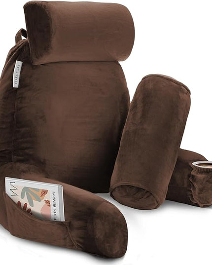 Clara Clark Reading Pillow, Large Back Pillow for Sitting Up in Bed, Memory Foam Back Support Pillow, Reading Pillows for Sitting in Bed, Chocolate Brown Sit Up Pillow for Bed with Arms and Pockets - LeafyLoom