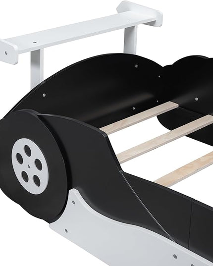 Twin Size Racecar Bed for Big Boys,Wood Platform Bedframe with Wheels & Safety Guardrail,Slats Support,Easy Assembly,Toddlers Kids Car Floor Beds for Fun Children's Bedroom,Black - LeafyLoom