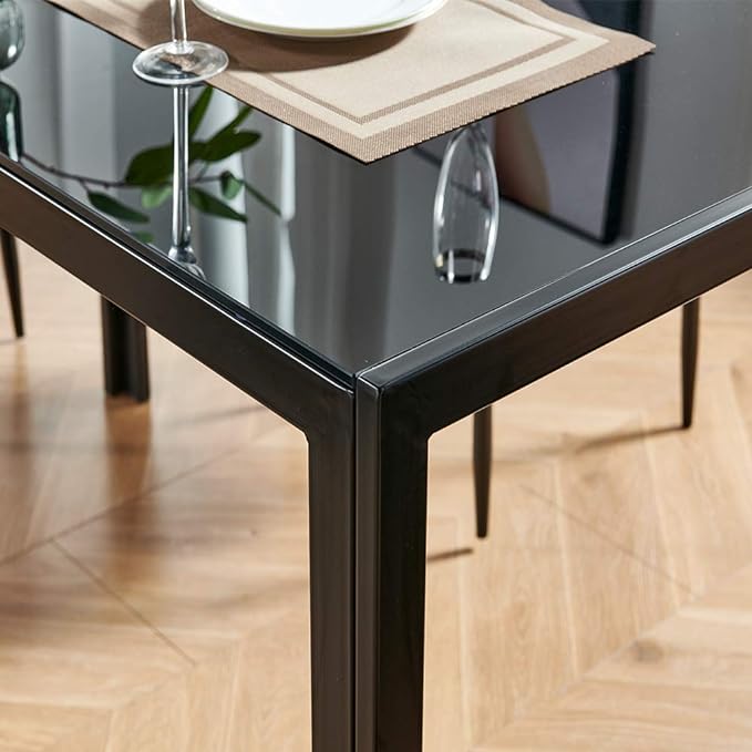 IDS Home Rectangular with Metal Legs for 4/6 Persons Transparent Glass Top Kitchen Dining Table, 51.2", Black - LeafyLoom
