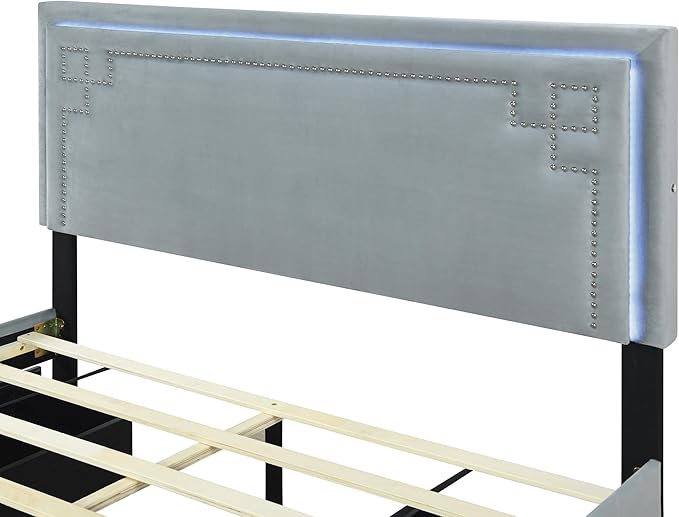 RITSU Queen Size Modern Upholstered Platform Bed with LED Bedframe and 4 Drawers Storable, Rivet-Decorated Headboard, No Box Spring Required, for Living Room, Apartment, Gray - LeafyLoom