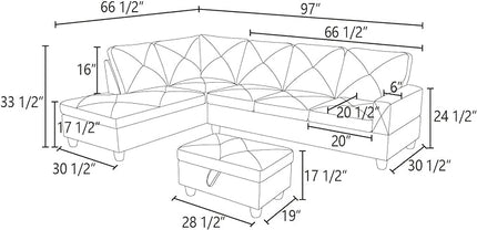 L Shaped Sofa with Ottoman Modern Sectional Living Room, Bedroom, Office, L Couch White-Black - LeafyLoom