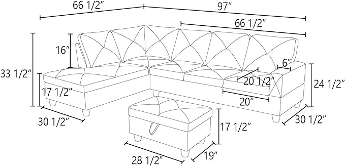 L Shaped Sofa with Ottoman Modern Sectional Living Room, Bedroom, Office, L Couch White-Black - LeafyLoom
