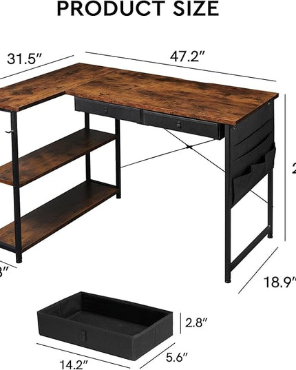 Ｍａｉｈａｉｌ Home Office Desk with Drawers and Shelves, 47” Computer Corner Desk for Small Space, Small L Shaped Desk with Side Storage for Bedroom, Rustic Brown - LeafyLoom
