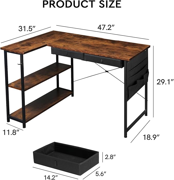Ｍａｉｈａｉｌ Home Office Desk with Drawers and Shelves, 47” Computer Corner Desk for Small Space, Small L Shaped Desk with Side Storage for Bedroom, Rustic Brown - LeafyLoom