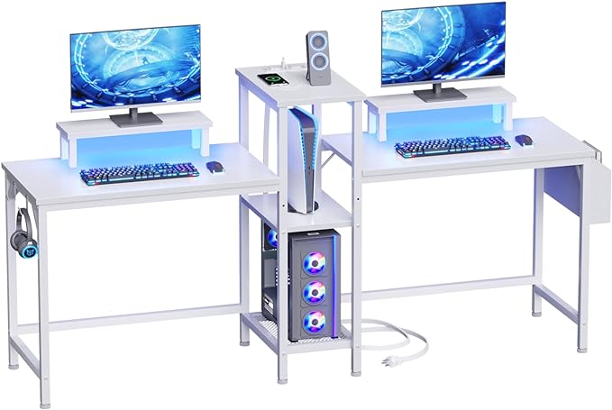 Furologee 2 Person Gaming Desk with LED Lights, 71 Inch Computer Desk with Power Outlets and Monitor Stand, Double Desk with Storage Bag and Headphone Hooks, Study Writing Table for Home Office, White - LeafyLoom