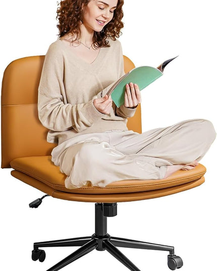 FLEXISPOT Criss Cross Chair with Wheels, Vanity Chair with High Back, Criss Cross Office Chair, Armless Desk Chair with Comfy Wide Seat Cushion for Home Office（Golden Brown） - LeafyLoom