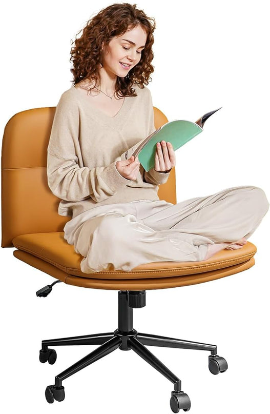 FLEXISPOT Criss Cross Chair with Wheels, Vanity Chair with High Back, Criss Cross Office Chair, Armless Desk Chair with Comfy Wide Seat Cushion for Home Office（Golden Brown） - LeafyLoom