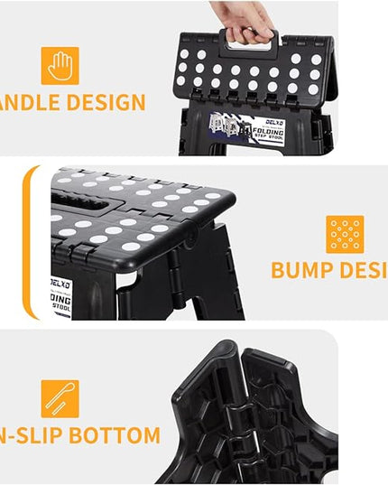 Delxo 16” Folding Step Stool in Black,1 Pack Premium Heavy Duty Foldable Stool for Adults,Portable Collapsible Plastic Step Stool,Non Slip Folding Stools for Kitchen Bathroom Bedroom Up to 400LBS - LeafyLoom