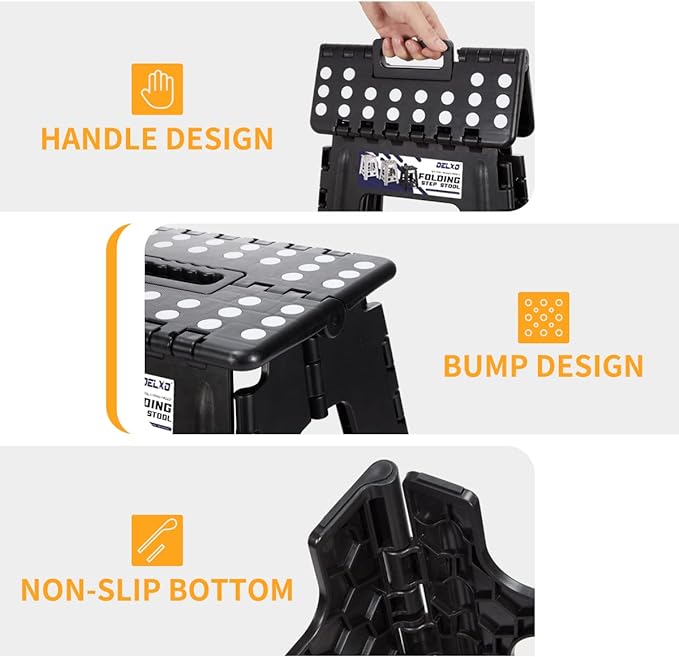 Delxo 16” Folding Step Stool in Black,1 Pack Premium Heavy Duty Foldable Stool for Adults,Portable Collapsible Plastic Step Stool,Non Slip Folding Stools for Kitchen Bathroom Bedroom Up to 400LBS - LeafyLoom