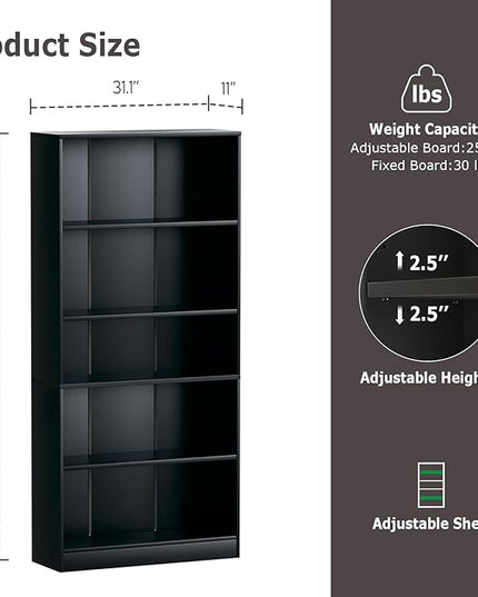 5-Tier Bookshelf, Wood Display Storage Shelves 67.3" Tall Bookcase Open Bookshelf for Home Office, Living Room and Bedroom, Black - LeafyLoom