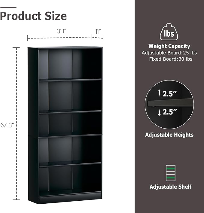 5-Tier Bookshelf, Wood Display Storage Shelves 67.3" Tall Bookcase Open Bookshelf for Home Office, Living Room and Bedroom, Black - LeafyLoom