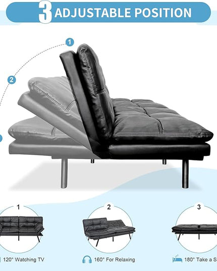 MUUEGM Futon Sofa Bed,Memory Foam Sofa Futon Couch Bed,Convertible 71" Couch Sofa,Faux Leather Sleeper Sofa with Adjustable Backrest for Living Room,Matte Black - LeafyLoom