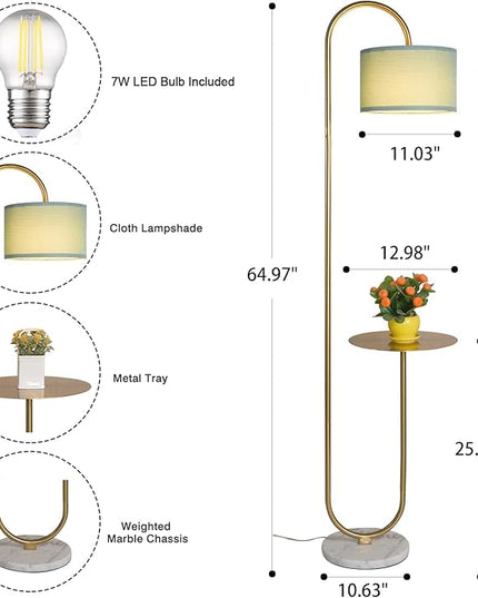 Hsyile KU300272 Arc Floor Lamp with Hanging Drum Shade for Living Room-Marble Base Modern Tall Stand Up Light with Table, Contemporary Over The Couch Gold Lamp Standing Lamps for Bedroom Office - LeafyLoom