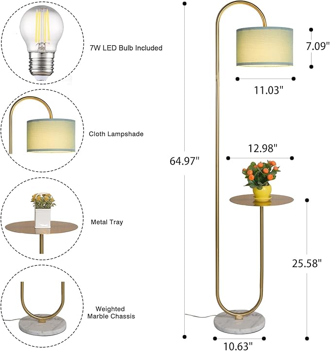 Hsyile KU300272 Arc Floor Lamp with Hanging Drum Shade for Living Room-Marble Base Modern Tall Stand Up Light with Table, Contemporary Over The Couch Gold Lamp Standing Lamps for Bedroom Office - LeafyLoom