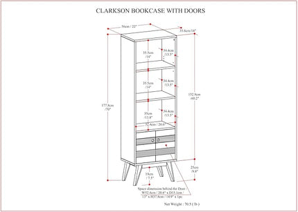 SIMPLIHOME Clarkson SOLID ACACIA WOOD 22 Inch Wide Contemporary Bookcase with Storage in Rustic Natural Aged Brown, For the Living Room, Study Room and Office - LeafyLoom