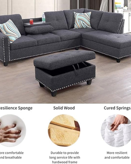 Modern Linen Living Room Furniture Set,L-Shaped Modular Upholstered 6 Seaters Sectional Sofa Couch W/2 Cup Holders & Storage Ottoman for Small Apartment, 1, Dark Gray-c - LeafyLoom