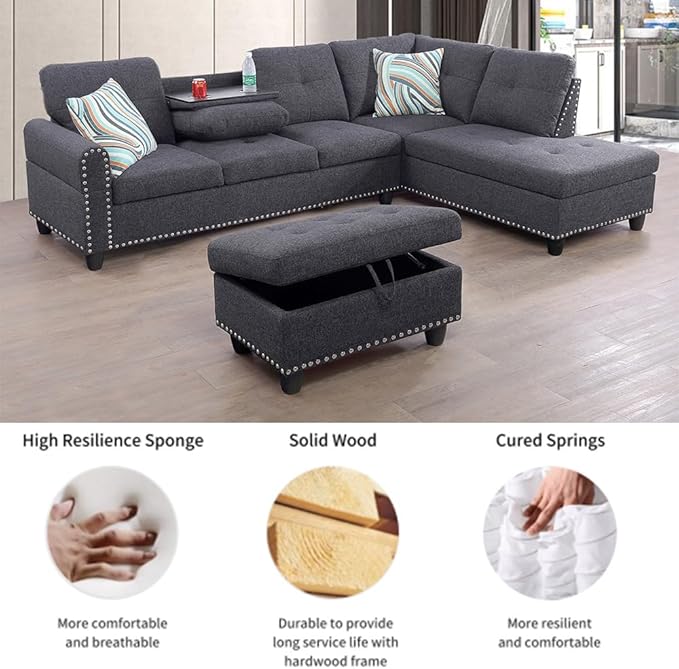 Modern Linen Living Room Furniture Set,L-Shaped Modular Upholstered 6 Seaters Sectional Sofa Couch W/2 Cup Holders & Storage Ottoman for Small Apartment, 1, Dark Gray-c - LeafyLoom