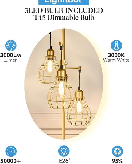 Lightdot 68IN Industrial Floor Lamp Dimmable (Brightness Adjustable), Farmhouse Tree Floor Lamp with E26 LED Edision Bulbs Included, 3-Light Tall Pole Standing Lamp for Living Room Bedroom-Gold - LeafyLoom