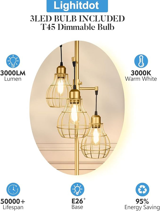 Lightdot 68IN Industrial Floor Lamp Dimmable (Brightness Adjustable), Farmhouse Tree Floor Lamp with E26 LED Edision Bulbs Included, 3-Light Tall Pole Standing Lamp for Living Room Bedroom-Gold - LeafyLoom