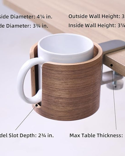 urbanplus Desk Cup Holder, Anti-Spill Walnut Wood Cup Holder for Desk with Aluminium Clamp, Office Desk Accessories, Gaming Desk Accessories, Computer Desk Accessories - LeafyLoom