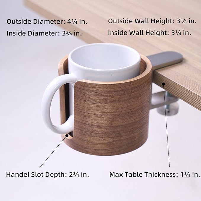 urbanplus Desk Cup Holder, Anti-Spill Walnut Wood Cup Holder for Desk with Aluminium Clamp, Office Desk Accessories, Gaming Desk Accessories, Computer Desk Accessories - LeafyLoom