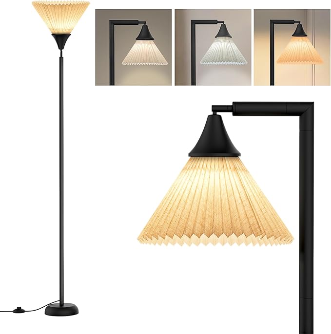 Floor Lamp for Living Room, Bendable Head Linen Shade Floor Lamps, 3 Color Temperature Footswitch Stand Light, Modern Pole Lamp for Living Room Bedroom, 9W Bulb Included - LeafyLoom
