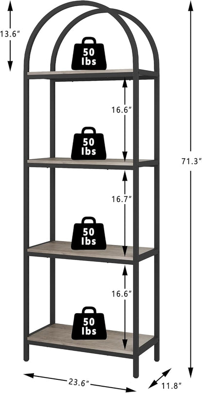 Yusong Bookshelf 4 Tier Arched Bookcase, 71.3" Tall Industrial Open Book Shelves for Living Room, Modern Freestanding Display Shelving Storage Rack Metal Frame, Office, Bedroom, Grey - LeafyLoom