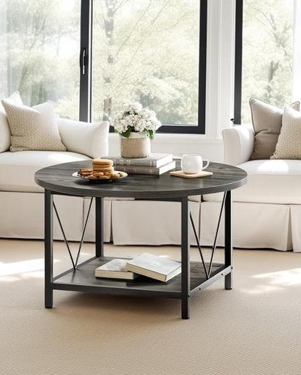 YITAHOME Coffee Tables for Living Room, Round Coffee Table, Small Coffee Table with Storage, 2 Tier Modern Coffee Table, Wood Circle Center Table with Metal Frame, Gray - LeafyLoom