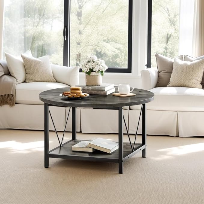 YITAHOME Coffee Tables for Living Room, Round Coffee Table, Small Coffee Table with Storage, 2 Tier Modern Coffee Table, Wood Circle Center Table with Metal Frame, Gray - LeafyLoom
