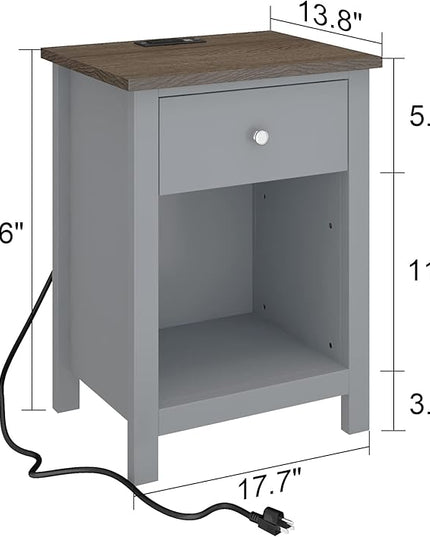 ChooChoo Nightstand with Charging Station, Wooden Top Bedside Table with Drawer and Storage Space for Bedroom, Grey - LeafyLoom