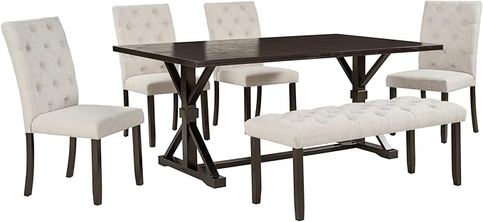 6 Piece Farmhouse Rectangular 72" Wood Dining Table Set, 4 Upholstered Chairs with Bench, Easy to Assemble, for Living, Guest Room, Home Bar and Kitchen, Espresso Beige - LeafyLoom