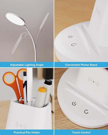 hansang LED Desk Lamp with Wireless Charger for Home Office, Stepless Dimmable, 3 Color Modes, Touch Control White Study Lamp for College Dorm Room, Pen Holder, CRI 90, 800 Lumen, Adapter Included - LeafyLoom