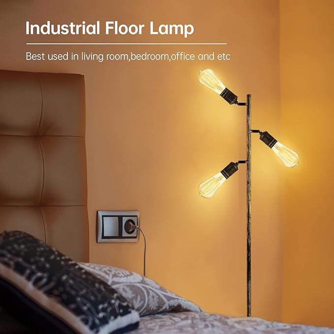 Industrial Floor Lamp, Standing Lamp, Bronze Finish Tree Floor Lamp with 3 Adjustable Rotating Lights, E26 Edison Bulb Floor Lamp for Living Room, Bedroom, Home, Office(Bulb not Included) - LeafyLoom