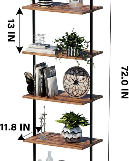 aboxoo Ladder Shelf 5 Tiers Metal Industrial Bookshelf, Rustic Brown Wood Tall Open Storage Rack and Display Shelves Plant Stand,Wall Mount Wide Book Case for Home Office Bedroom,Small - LeafyLoom