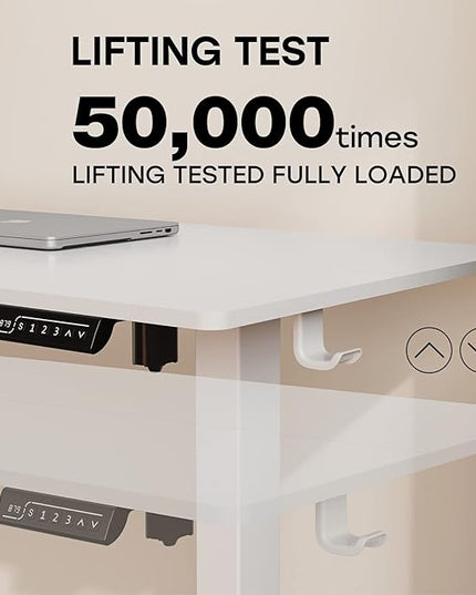 White Standing Desk, 48 X 24 Inch Adjustable Height Electric Desk, Sit Stand Desk with Splice Board and 2 Hooks, Ergonomic Rising Desk for Home Office - LeafyLoom