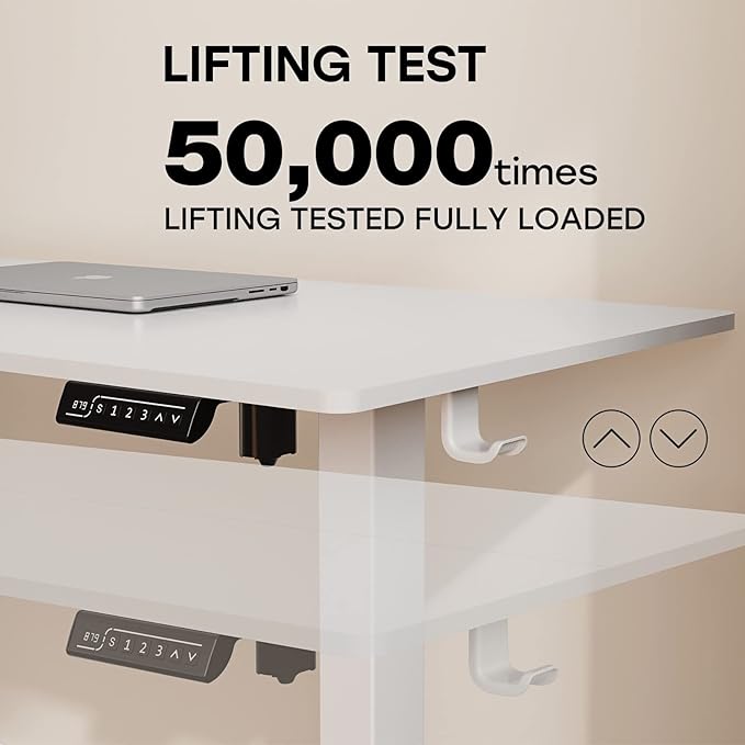 White Standing Desk, 48 X 24 Inch Adjustable Height Electric Desk, Sit Stand Desk with Splice Board and 2 Hooks, Ergonomic Rising Desk for Home Office - LeafyLoom