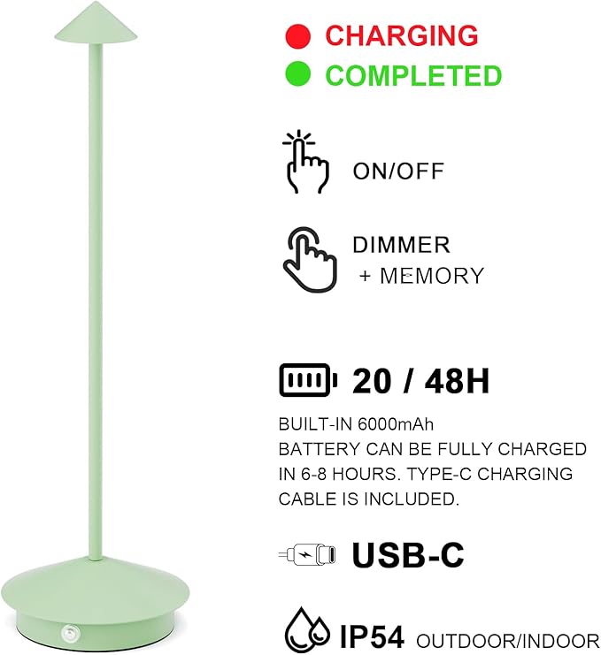 2-Pack 6000mAh Rechargeable LED Table Lamps,Outdoor Cordless Table Lamp Waterproof Portable, 3-Color Stepless Dimmable Modern Lamp for Restaurant/Bedroom(Green) - LeafyLoom