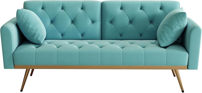 Velvet Upholstered Modern Convertible Futon Couch Bed, Adjustable Folding Sofa Bed Recliner Lounge Loveseat Daybed Sofacama with Adjustable Backrest and Golden Legs for Small RV Living Room Office - LeafyLoom