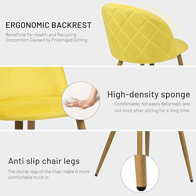 FurnitureR Upholstered Velvet Dining Chair Mid Back Armless with Wood Legs for Home Kitchen Bedroom Living Room, Set of 2, Yellow - LeafyLoom