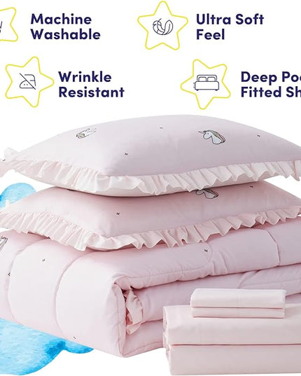 Kids Bedding Set Bed in a Bag for Boys and Girls Toddlers Printed Sheet Set and Comforter , Twin, Rainbow Unicorn - LeafyLoom