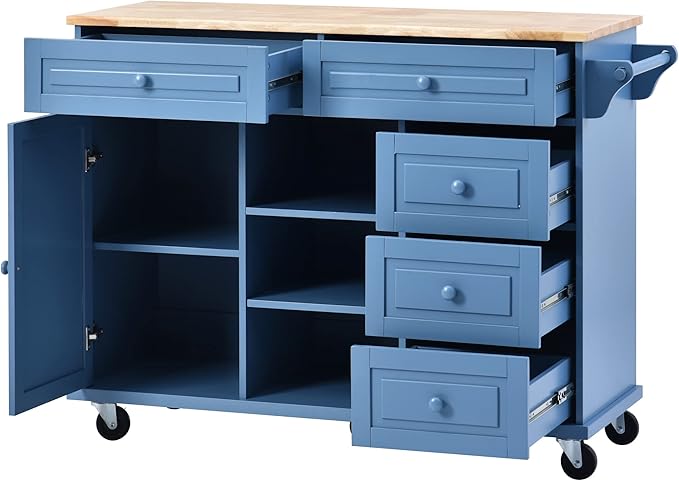 Kitchen Island with Storage on Wheels, Kitchen Island Cart w/Storage Cabinets and 5 Drawers, 2 Adjustable Shelf, Wood Countertop& Spice Rack for Dinning Room, Coffee Bar - LeafyLoom