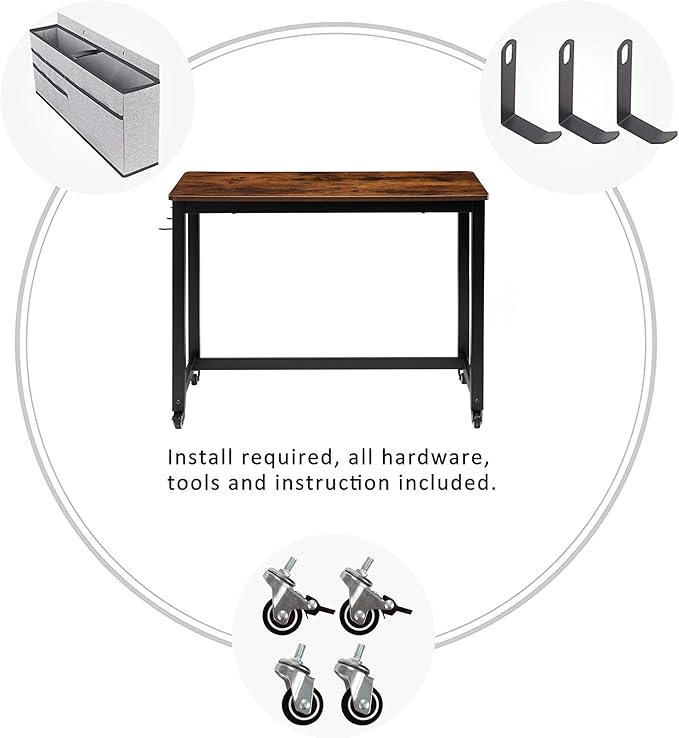 AHB 39" Rolling Computer Desk with 4 Smooth Wheels, Simple Style Mobile Writing Desk Home Office Study Table Movable Workstation with Metal Frame - LeafyLoom