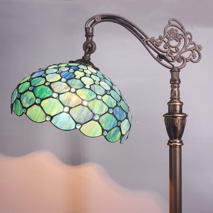 Tiffany Floor Lamp Stained Glass Lamp 18X12X67 Inch Angle Adjustable Arched Gooseneck Antique Reading Light (Sea Blue Pearl) - LeafyLoom